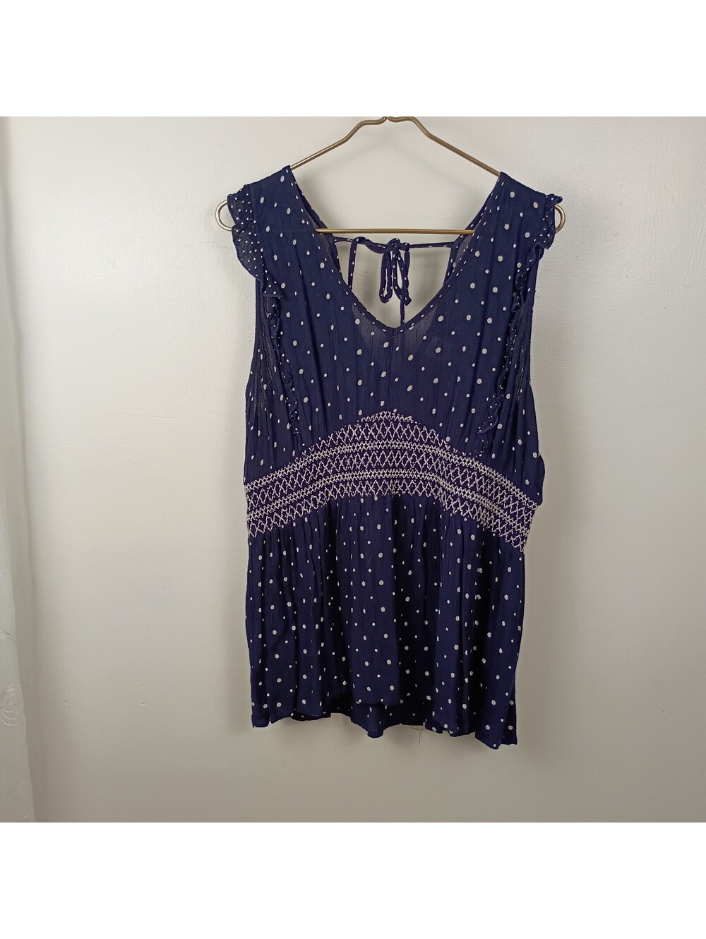 Bila Sleeveless Blouse Women Size XL Polka Dot Tasseled Boho Ruffled Cap Sleeve